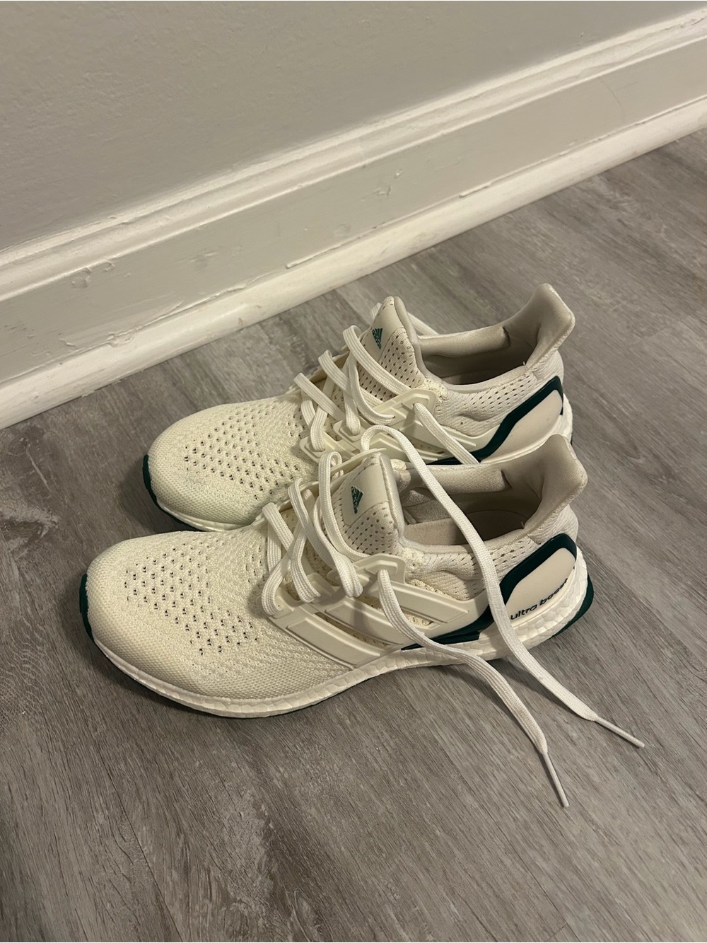 Adidas Women’s Ultraboost Cream Knit Sneakers with Dark Green Accents